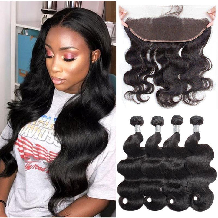 Virgo Hair Vigin Remy 100% Natural Brazilian Virgin Remy Body Wave Hair 4 Bundles With Lace Frontal Closure