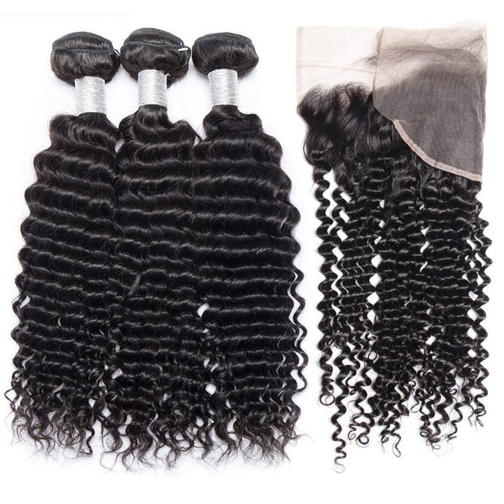 VOLYS VIRGO Unprocessed Brazilian Virgin Remy Deep Curly Hair 3 Bundles With Lace Frontal Closure