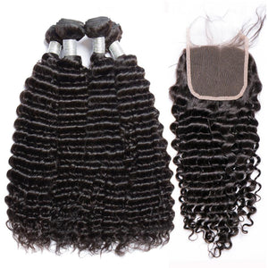 Volysvirgo Vigin Remy Brazilian Deep Curly Hair 4 Bundles With Lace Closure