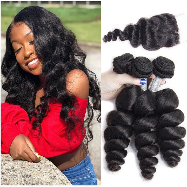 Volys Virgo Hair Mink Brazilian Loose Wave Virgin Hair 3 Bundles With 4x4 Lace Closure 100% Human Hair