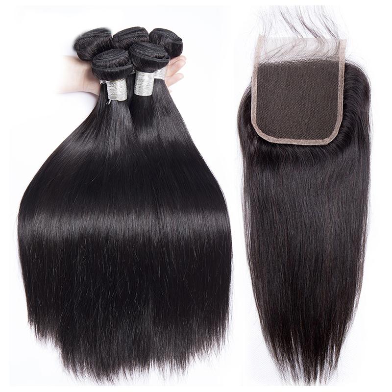 Volysvirgo Virgin Remy Brazilian Natural Straight Hair 4 Bundles With Lace Closure