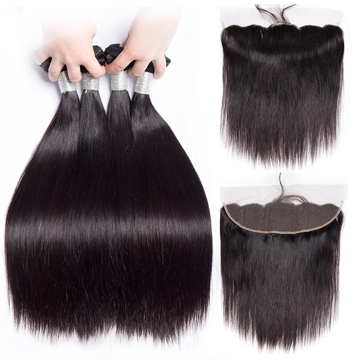 Volys Virgo Natural Brazilian Virgin Remy Straight Hair Extensions 4 Bundles With Frontal Closure