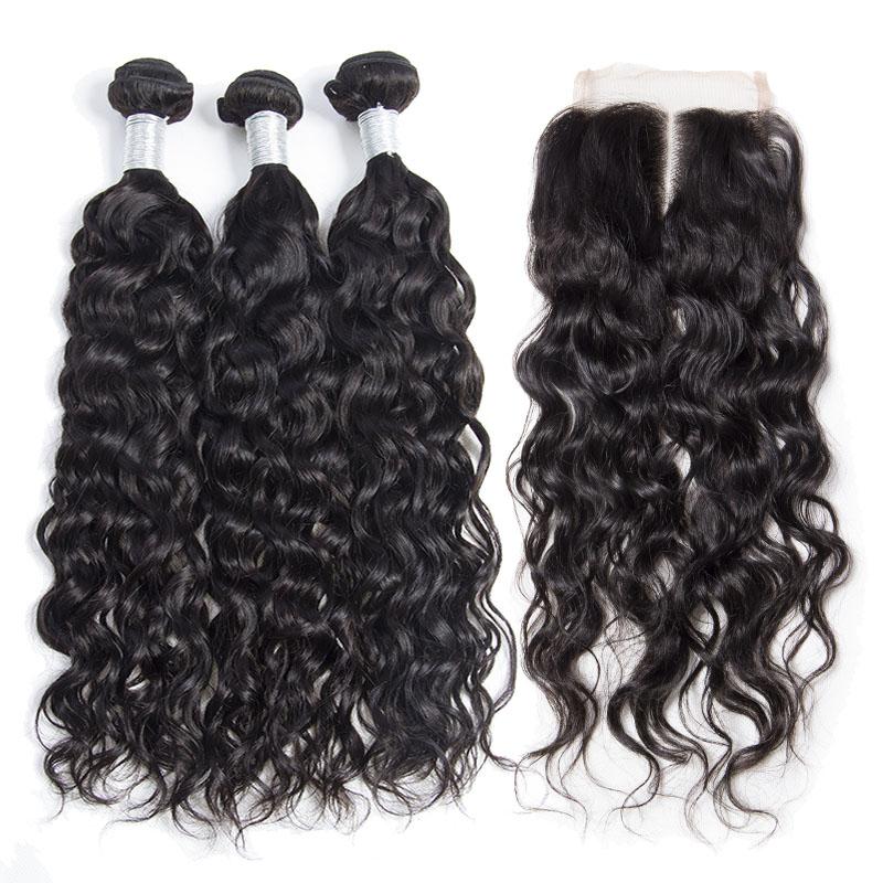 Wet And Wavy Virgin Brazilian Hair 3 Bundles Water Wave With Lace Closure 100 Human Hair Weave