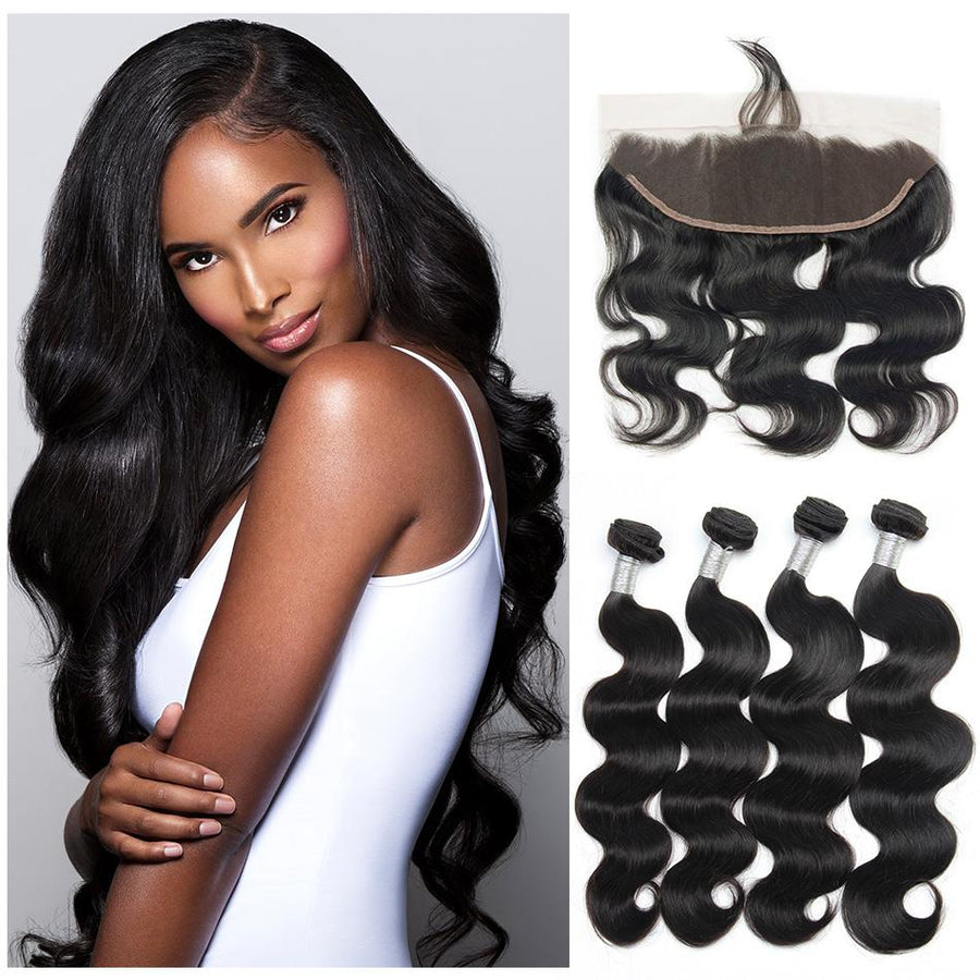 Virgo Hair High Quality Raw Indian Virgin Remy Body Wave Hair 4 Bundles With Lace Frontal Closure