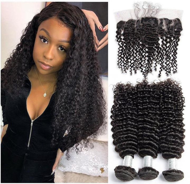 Volys Virgo Raw Indian Curly Virgin Remy Hair Lace Frontal Closure With 3 Bundles