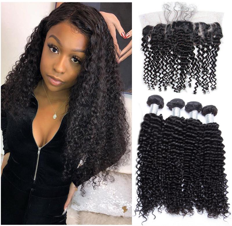 Virgo hair Good Raw Indian Virgin Remy Curly Weave Human Hair 4 Bundles With Lace Frontal Closure
