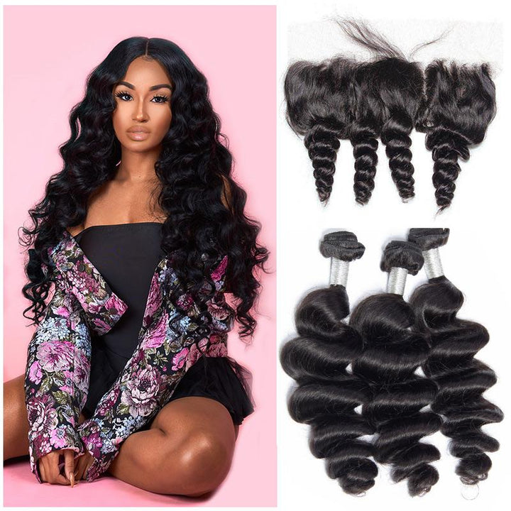 Virgo Hair Raw Indian Virgin Hair Loose Wave 3 Bundles With Ear To Ear Pre Plucked Lace Frontal Closure