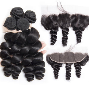 Volysvirgo Raw Indian Loose Wave Virgin Human Hair 4 Bundles With Pre Plucked Lace Frontal Closure