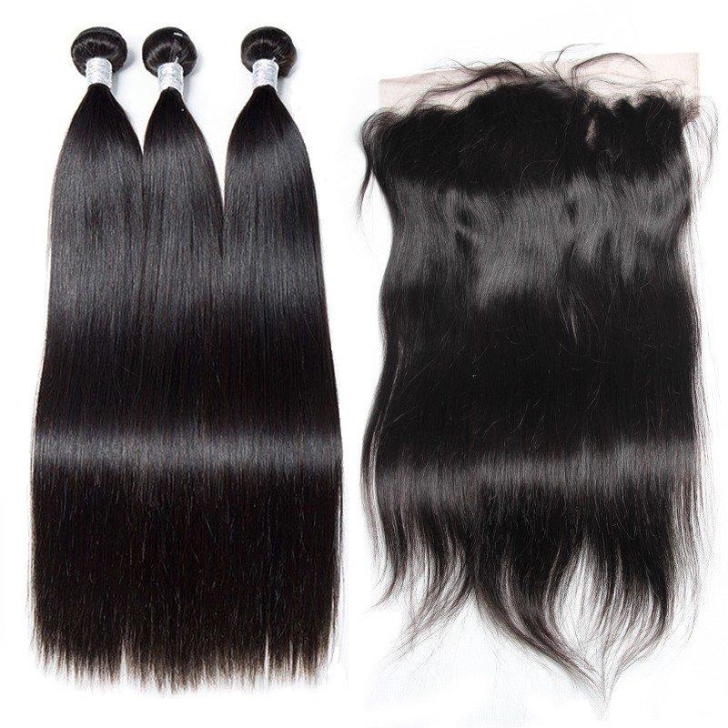 Virgo Hair Indian Virgin Remy Hair Straight Pre Plucked Lace Frontal Closure With 3 Bundles Cheap Sale Online
