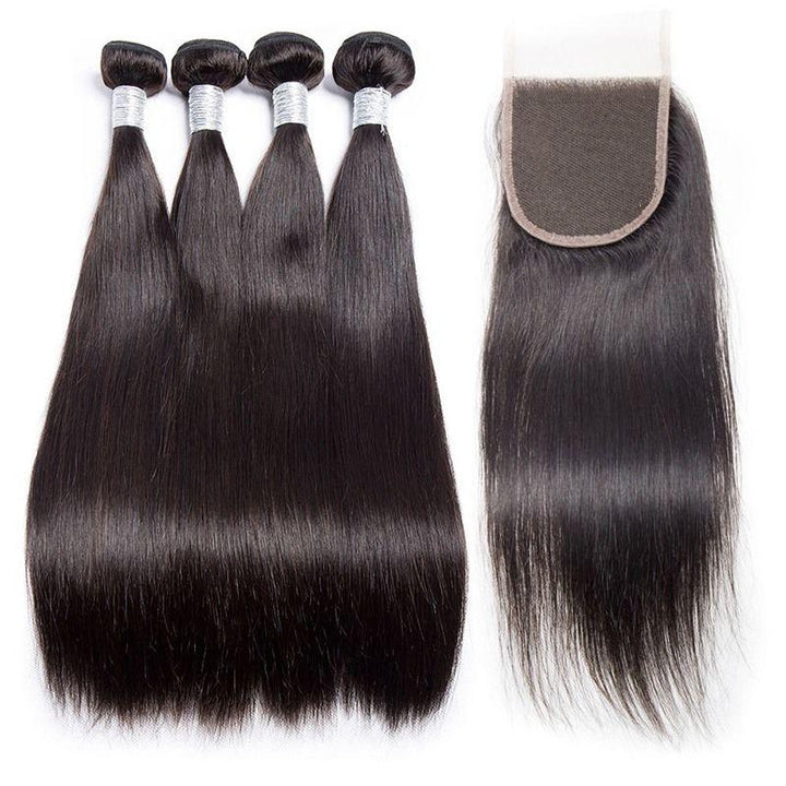 Volys virgo Indian Virgin Remy Straight Hair 4 Bundles With Lace Closure Free Shipping