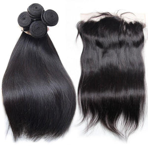 Volys Virgo Raw Indian Straight Virgin Remy Human Hair 4 Bundles With Lace Frontal Closure