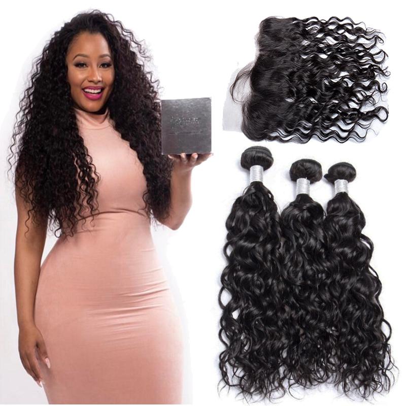 Volys Virgo Raw Indian hair 3 Bundles Water Wave Human Hair Weave With Pre Plucked Lace Frontal Closure