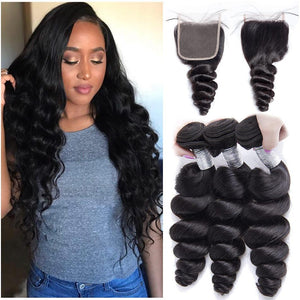 Volys Virgo Hair 3 Pcs Unprocessed Virgin Malaysian Loose Wave Human Hair Bundles With 1 Pcs Lace Closure Deal