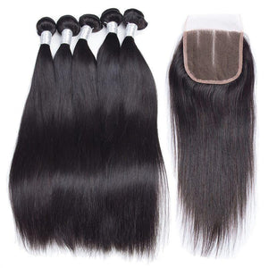 Natural Malaysian Virgin Remy Straight Human Hair 4 Bundles With Lace Closure