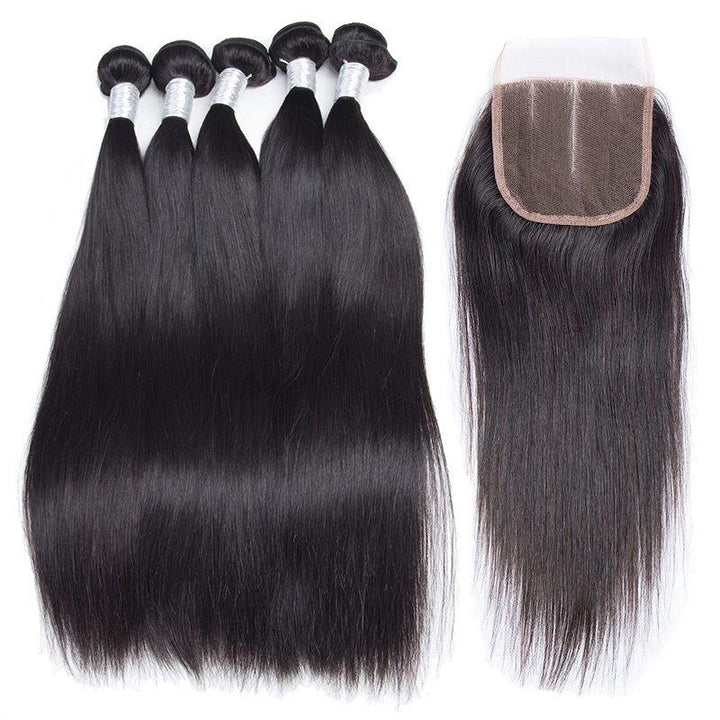 Natural Malaysian Virgin Remy Straight Human Hair 4 Bundles With Lace Closure