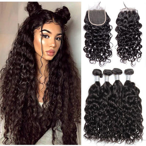 Volys Virgo 10-28Wet And Wavy Malaysian Virgin Hair Water Wave 4 Bundles With Lace Closure 100 Human Hair