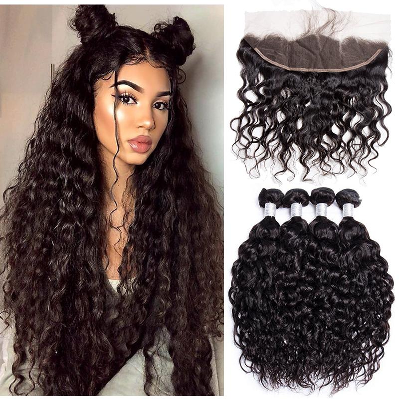 4 Pcs Malaysian Water Wave Virgin Hair Bundles With Ear To Ear Lace Frontal Closure-deal