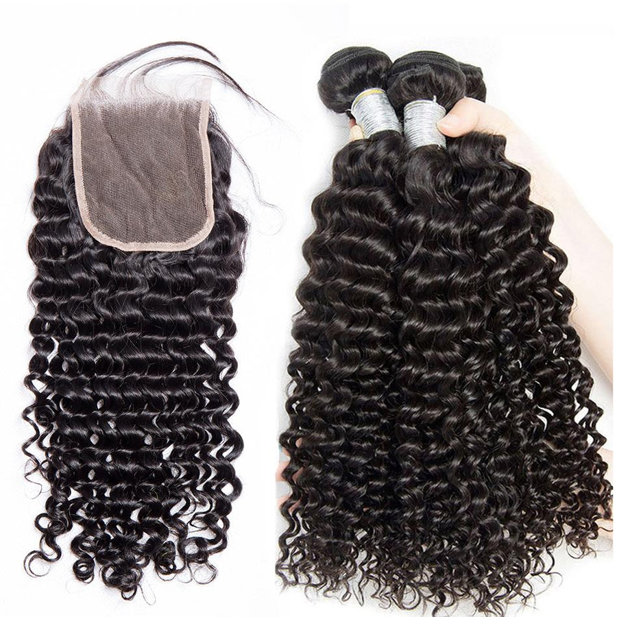 Volysvirgo Peruvian Curly Weave Remy Human Hair 3 Bundles With 4x4 Lace Closure