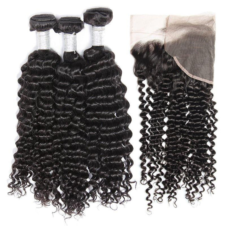 Volysvirgo Peruvian Human Hair Virgin Remy Curly Weave 3 Bundles With Lace Frontal Closure