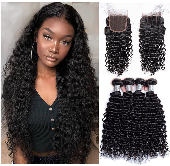 Volysvirgo Virgin Remy Peruvian Curly Hair 4 Bundles With Closure Natural Color