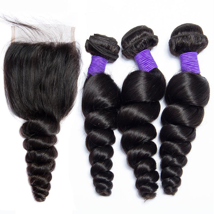 Volys Virgo 100 Unprocessed Virgin Peruvian Loose Wave Human Hair 3 Bundles With 4X4 Lace Closure