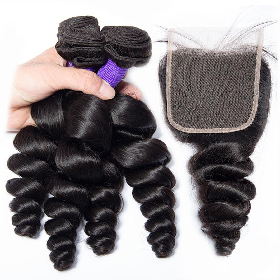 Volys Virgo 100% Virgin Peruvian Loose Wave Human Hair 4 Bundles With 4x4 Swiss Lace Closure