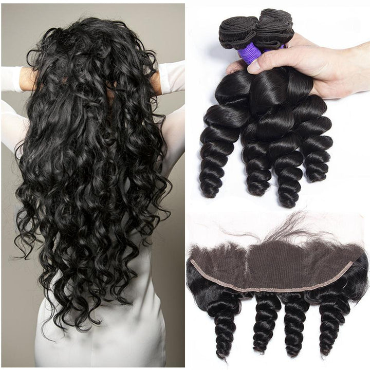 Volys Virgo eruvian Loose Wave Virgin Human Hair 4 Bundles With Pre Plucked Lace Frontal Closure