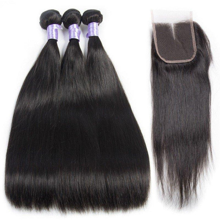 Volysvirgo Virgin Remy Peruvian Straight Human Hair 3 Bundles With Lace Closure-4 pcs deal