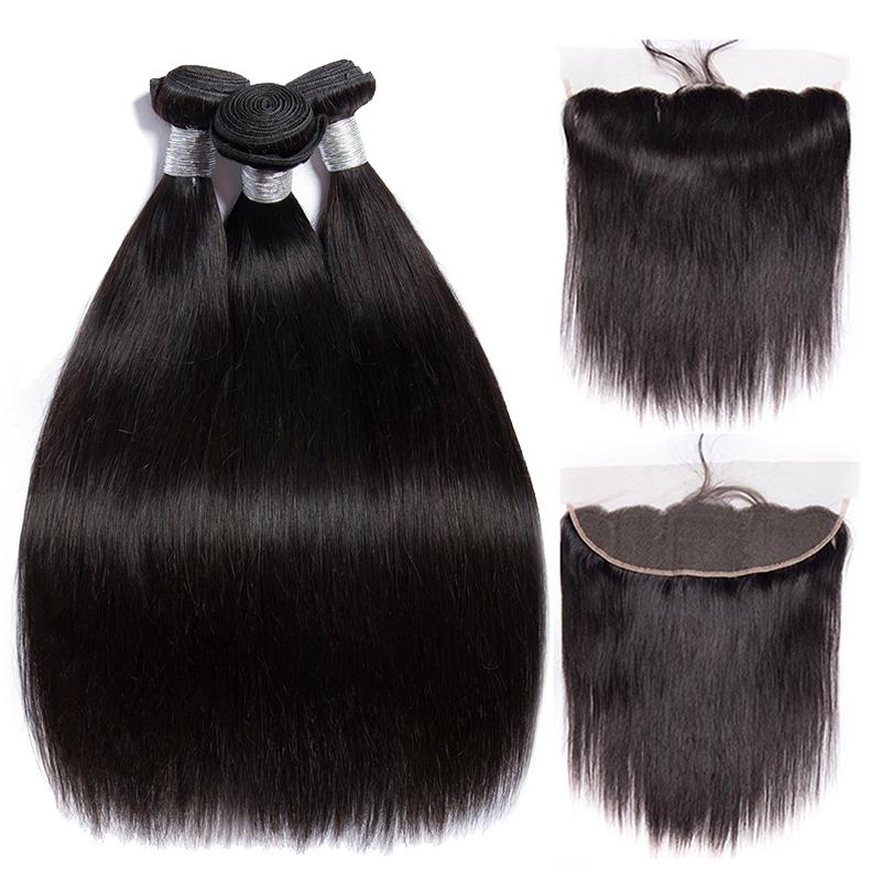 Volys Virgo Virgin Remy Peruvian Straight Human Hair 3 Bundles With Lace Frontal Closure