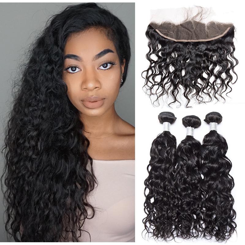 Volys Virgo Unprocessed Virgin Peruvian Water Wave Human Hair 3 Bundles With Pre Plucked Lace Frontal Closure