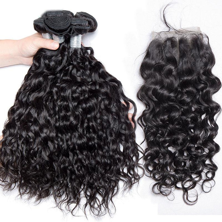 Volys Virgo 4 Bundles Peruvian Water Wave Virgin Hair With 4x4 Lace Closure Human Hair Extensions
