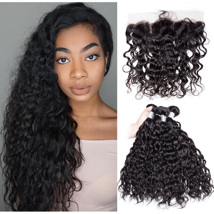 Volys Virgo Peruvian Water Weave Pre Pluck Lace Frontal Closure With 4 Bundles Wet And Wavy Virgin Human Hair