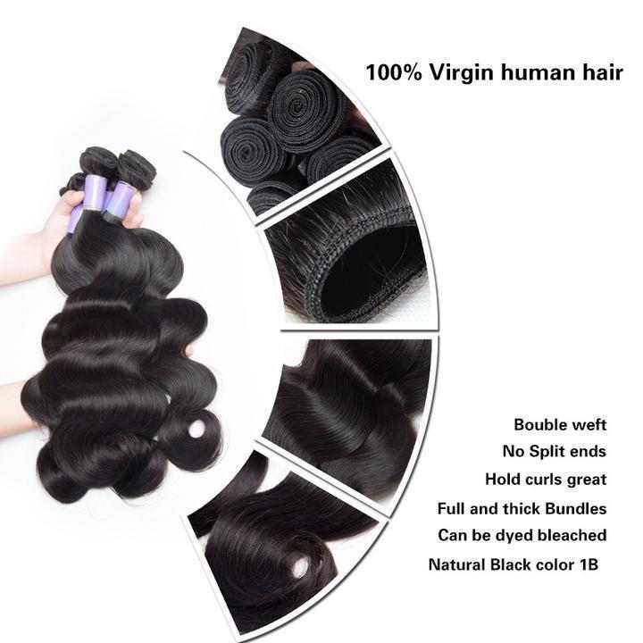 Volys Virgo Malaysian Body Wave Virgin Remy Human Hair 3 Bundles With Lace Closure