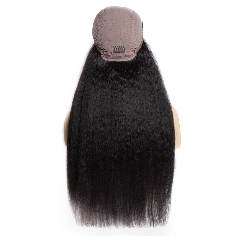 Virgo Hair 180 Density Real Raw Indian Yaki Straight Remy Human Hair Wigs Kinky Straight Cheap Lace Front Wigs For Women-back- cap