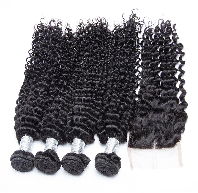 Volysvirgo Virgin Remy Peruvian Curly Hair 4 Bundles With Closure Natural Color-deal