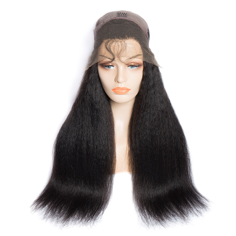 virgo hair 180 Density Peruvian Yaki Human Hair Wigs With Baby Hair Kinky Straight Lace Front Wigs For Sale-front cap