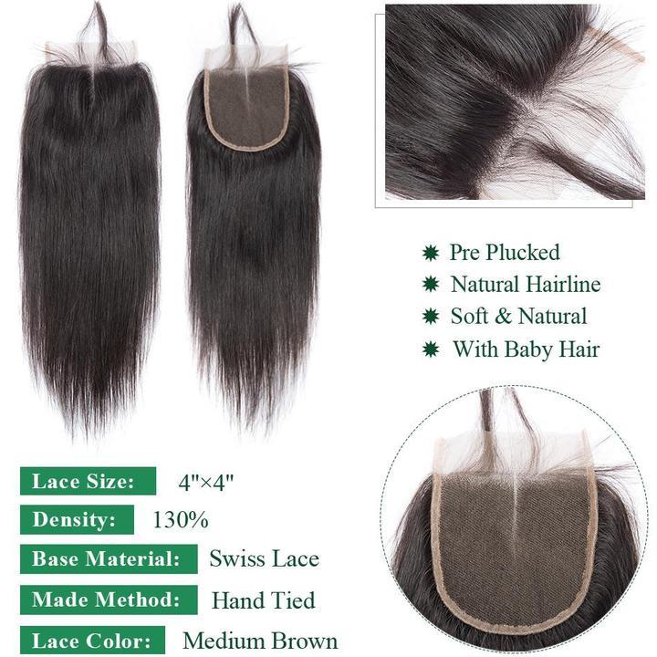 Volysvirgo Hair Straight Virgin Human Hair 4x4 Swiss Lace Closure With Baby Hair-closure details